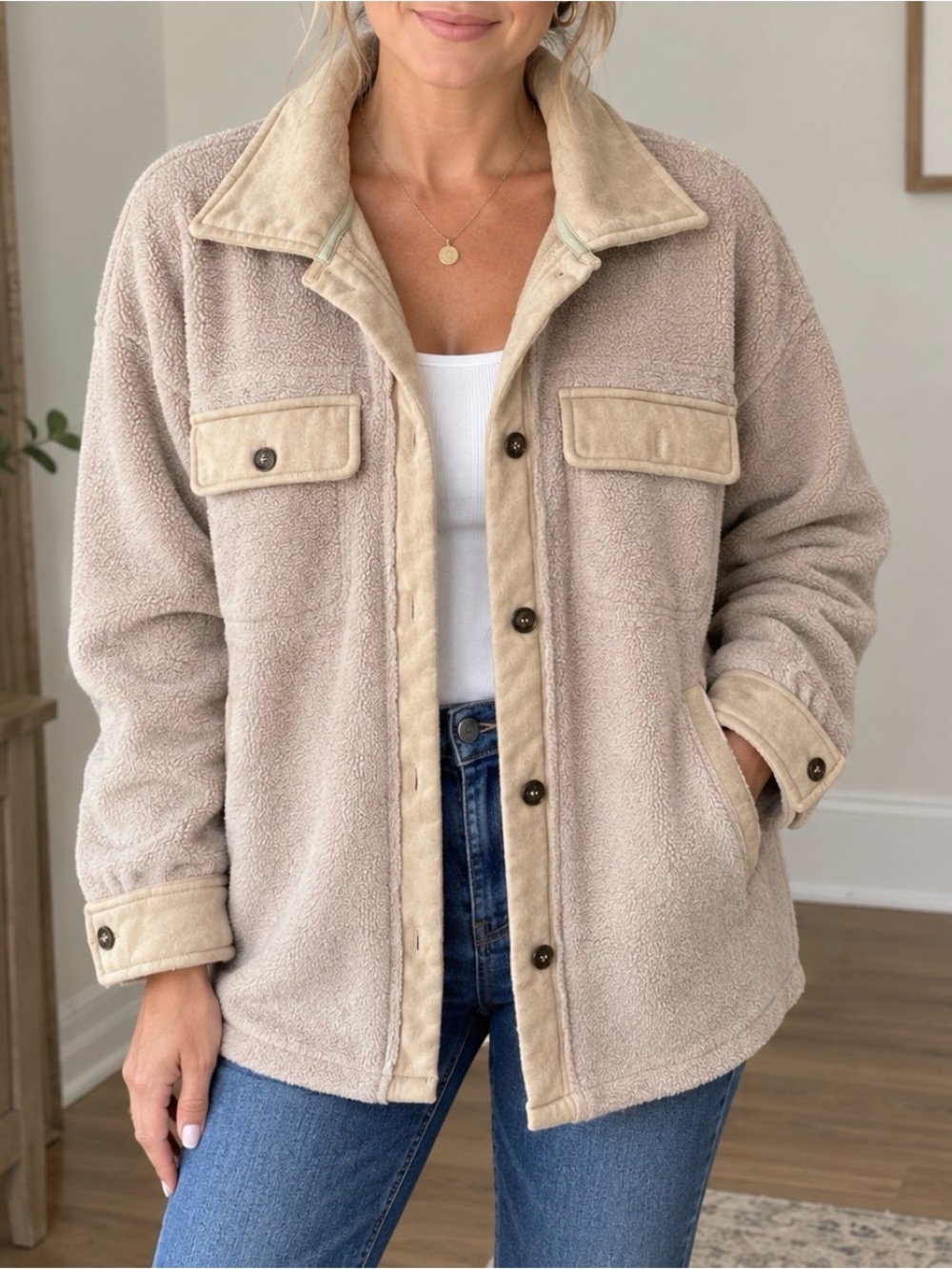 In Bloom Neutral Beige Fleece Shacket